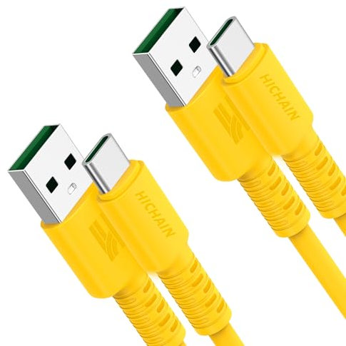 Hichain Pack of 2 USB A to USB C Charger Cable Yellow 6.5 ft, 100W Type C Fast Charging Cord Data Sync Silicone USB C Cable for Phone Samsung Galaxy Pixel Xiaomi PS5 JC-ACY6.5-2P