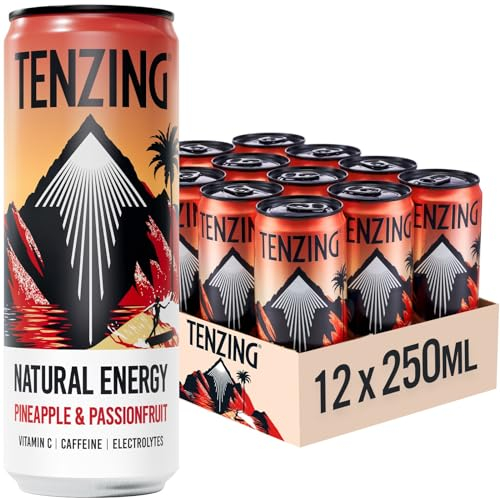 TENZING Natural Energy Drink, Plant Based, Vegan, & Gluten Free Drink, Pineapple & Passionfruit, 250ml (Pack of 12) - Packaging may vary
