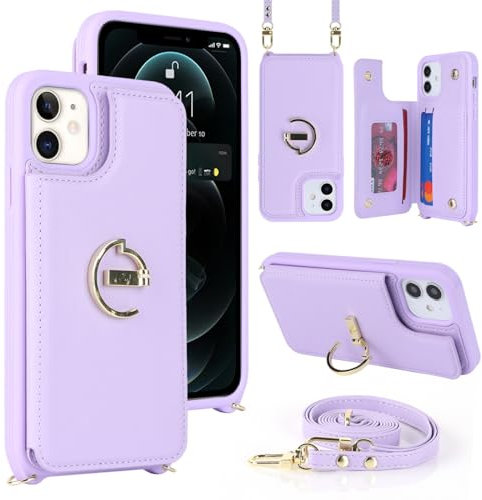 Zouzt for iPhone 12/12 Pro 6.1 Inch Wallet Case with Card Holder and Strap for Women, PU Leather Ring Kickstand Card Slots Case, Crossbody Lanyard Protective Phone Cover (Purple)