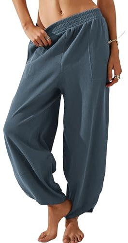 Himosyber Women Cotton Pants Wide Leg Pants Casual Loose Baggy Elastic Waist Beach Palazzo Harem Pants (Dustyblue-M)