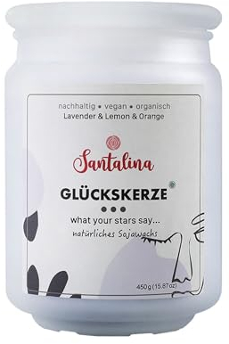 Lavender, Lemon & Orange Duftkerze – Glückskerze mit zufälliger Botschaft | zitrisch-blumig & entspannend, ideal als Geschenk zur Erholung | 450g Sojawachs im Glas, Brenndauer ca. 45 Std