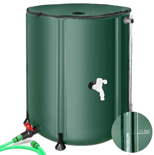 Regentonnen zum Sammeln von Regenwasser aus der Dachrinne – tragbarer Wasserspeichertank, Wasserfass Regenwassersammelsystem, Regenfänger inklusive Filter, zwei Zapfen und Überlauf-Kit (150 l, grün)