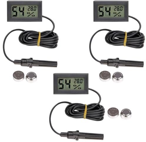 3 Medidores de Temperatura y Humedad Digital, Termohigrómetro con Pantalla LCD, con sonda de precisión para incubadoras, Exterior, Invernaderos, y Reptiles (3 Unidades)