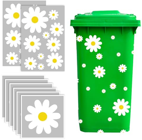 Wheelie Bin Stickers Flowers Large, 8 Sheets Daisy Dustbin Sticker Self Adhesive Flower Bin Sticker Waterproof Wheelie Bin Labels Daisy Stickers for Bins, Fridge, House, Wall Decoration