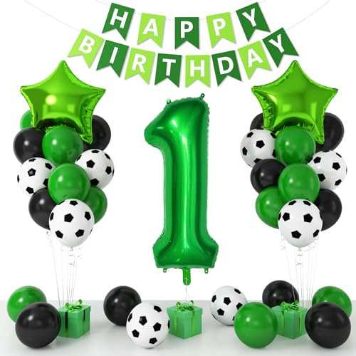 1st Soccer Birthday Decorations for Boys, Green Black Soccer Printed Balloons with 40 Inch Number 1 Star Foil Balloons Birthday Banner for 1 Year Old Soccer Sports Theme Party Decorations