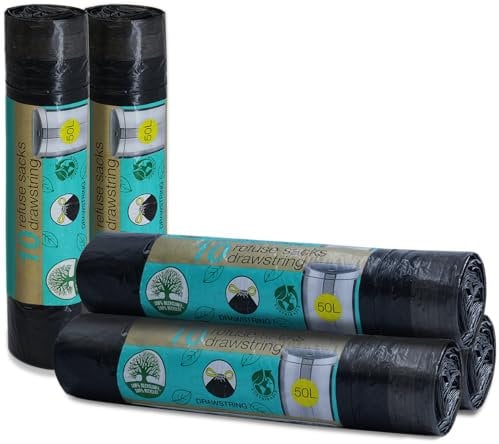 50 Refuse Sacks 50L - Strong Durable, Leak-Resistant, Recyclable Bins, Drawstring Black Rubbish Bags, Made From 100% Recycled Materials