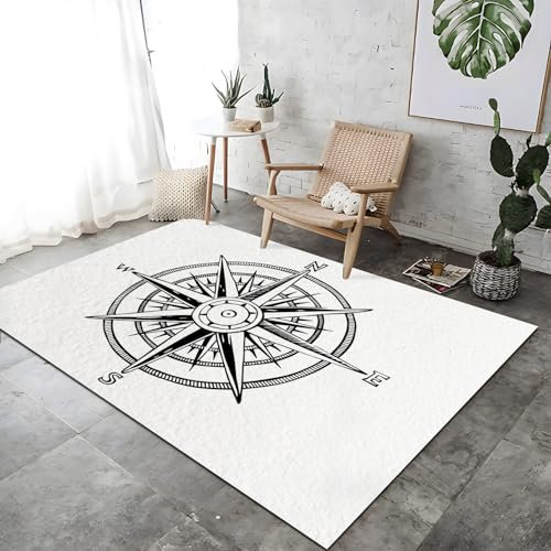 Rosa dei venti disegnata a mano vintage Tappeti per soggiorno 160x230cm Tappetini per pavimento Camera da letto Tappeti morbidi a pelo corto Bianco e nero Tappeti lavabili in lavatrice
