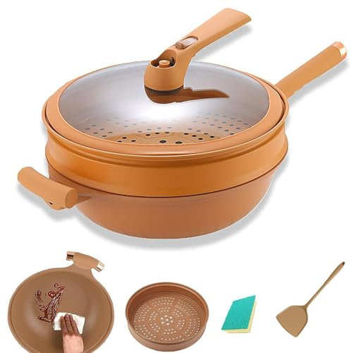 WSGDSG Multifunctional Non-Stick Pottery Clay Wok With Steamer Basket, Pottery Clay Micro Pressure Pot, 8 in 1 Fry Pan with Lid, Steamer, Dishwasher Safe