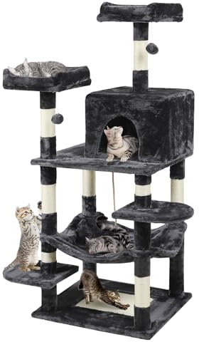 CALIYO Kratzbaum, Cat Tree 147cm Hoch, PlüSch Kratzbaum Katze Mit 8 KratzbäUmen 1 Katzenkratzbrett, 2 Plattformen, 1 KatzenhöHle HäNgematte, 2 PlüSchbäLlen, Mehrstufiger Katzenkratzbaum-Design
