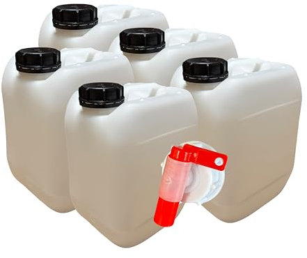 Lot de 5 x Jerrican Bidon Plastique 5 L litres avec Bouchon Étanche et 1 Robinet Verseur– Idéal pour Liquides Alimentaires et Techniques – Durable et Réutilisable