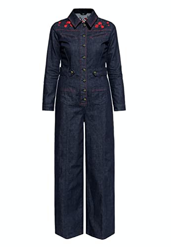 Queen Kerosin Damen Langarm Jeans Overall Denim Overall Florale Stickerei Rosen Roses Jeans Einteiler Boot-Cut Roses