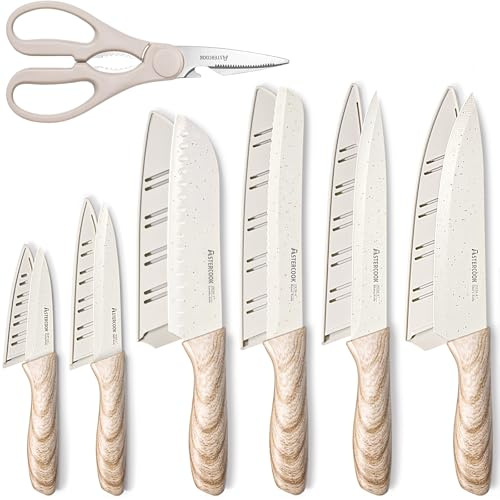Astercook Knife Set, 13 Pieces Kitchen Knives Set with Ceramic Coating, Stainless Steel Chef Knife Sets with 6 Blade Guards, Dishwasher Safe Knives with Wood Grain Handle, Elegant White