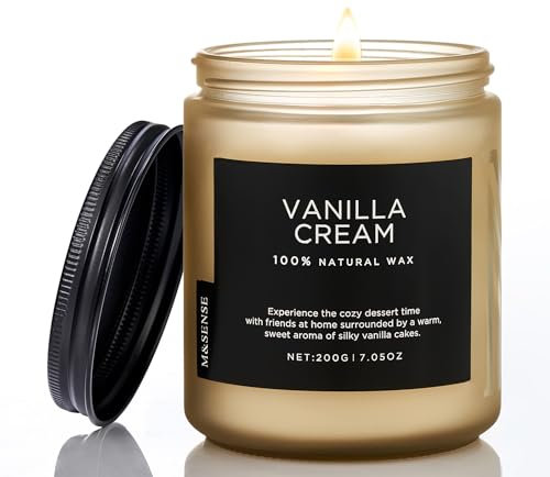 M&SENSE Duftkerze im Glas – Sojawachskerze Vanillecreme 200g | Süßer und Warmer Duft | 50 Stunden Brenndauer | Natürliche Kerze für gemütliche Atmosphäre und Entspannung