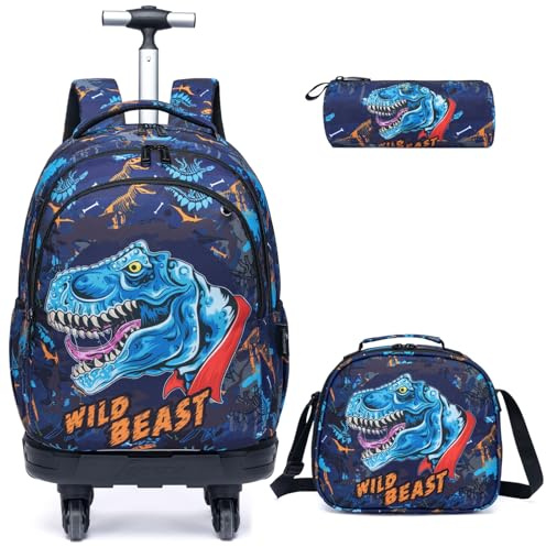Egchescebo Rucksack mit Rollen Kinderkoffer Jungen Kinder Koffer 4 Schwenkbare Kindertrolley Trolley Groß Schultasche Handgepäck Kindergepäck 3pcs Geeignet Grundschüler Schultrolley Dinosaurier Blau