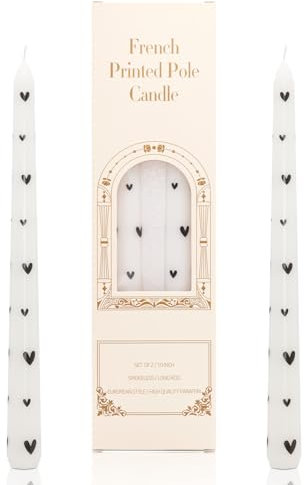 Stabkerzen Bedruckt, 25cm Tafelkerzen konische Kerzen, Tropffrei Brenndauer 7 Stunden Kerzen Geeignet für Kerzenständer Tischdekoration Valentinstag Dekoration 2 Stück (Weißes Schwarzes Herz)