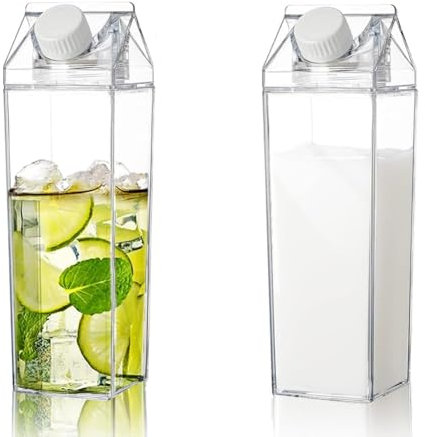 QuZCarious Lot de 2 bouteilles d'eau en carton de lait transparent réutilisable en plastique pour jus de fruits, sports de plein air, voyage, camping - 500 ml