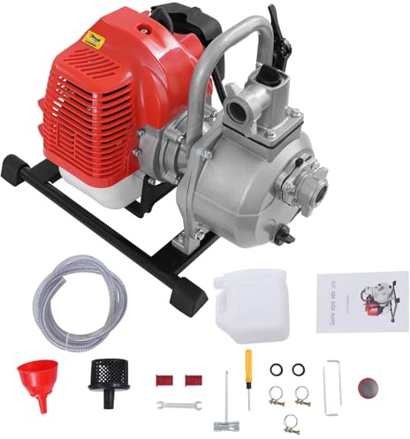1.7HP Benzin Wasserpumpe,Tragbarer Schmutzwasserpumpe mit 10000l/h und 30m Förderhöhe, 2m Einlaufrohr&1 Zoll Anschluss,Gartenpumpe 2-Takt-BenzinMotor Seilzugstart, Metallfuß, Tragegriff (Silber&Rot)