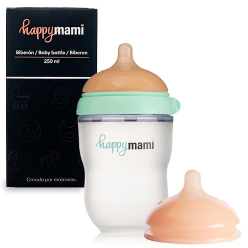 Happymami, Set biberon anti-colique personnalisé en silicone + tétine, design anatomique, avec tétine extra, sans BPA (Turquoise 250ml)