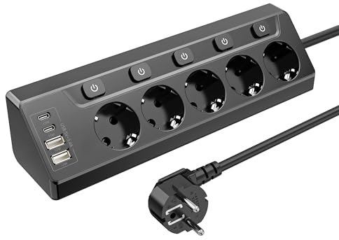 Vipwell Mehrfachsteckdose mit USB C - 5 Fach Steckdosen - Steckdosenleiste Montierbar - 2m Verlängerung für Küchenzeile, Schreibtisch, Homeoffice, Hotelzimmer, Kinderzimmer, Wohnzimmer (schwarz‌)