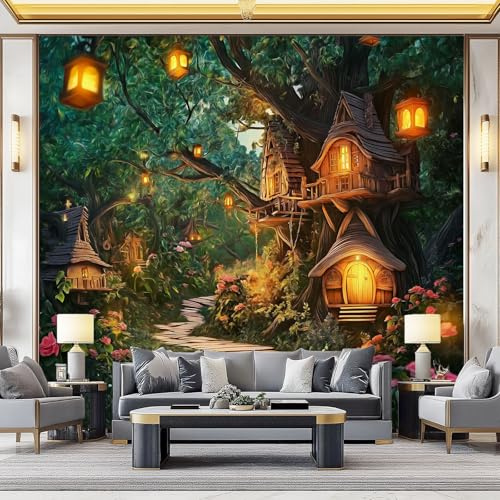 Fototapete Fantasy Wald Baumhaus Modern Wohnzimmer Schlafzimmer Vliestapete UV-Beständig Montagefertig 350 x 256 cm 3d Effekt Wand Dekoration Grün Braun