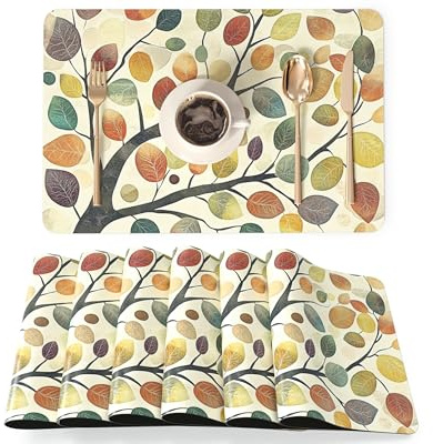 QIYI Platzsets Kunstleder 6er Set – PU Tischsets im Vintage-Stil 45×30 cm, wasserdicht, öl- & hitzebeständig, rutschfest, für Küche, Esstisch, Innen & Außen, bunter Lebensbaum
