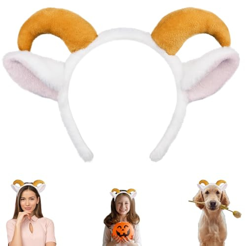EFNHJF5 Ziegenohren Kopfschmuck mit Widderhörnern für Kinder Erwachsene Tierkostüm Accessoire für Halloween, Karneval Karneval Kostüm,Weihnachten & Cosplay (Waschbar) (Weiß)
