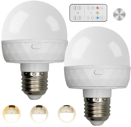 Calenxy 2 Stück Aufladbare Glühbirne Mit Fernbedienung, E27 3 Farben Dimmbare Wiederaufladbare Glühbirne mit Batterie und Timing, Abnehmbare Akku Für Notlicht Nachtlicht Camp Nicht Verkabelte Lampen