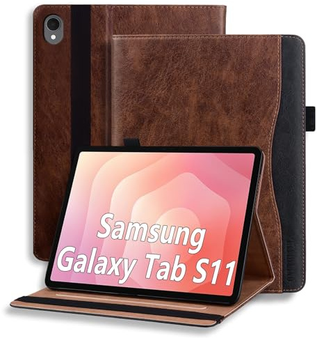 ONETHEFUL Tablet Case for Samsung Galaxy Tab S11 11 2025 - Protective PU Leather with Multi-Angle Adjustable Stand, 2 Card Slots, Pen Holder | Brown