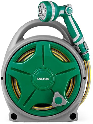 Garden Hose Reel 20M,18m Water Pipe +2m Leader Hose, Hose Pipe Reel with 10 Adjustable Spray Gun Nozzles, Manual Retractable Garden Water Hose Reel,Outdoor Hose Reel Set for Garden Patios,Balconies