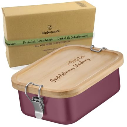 Gipfelgaudi Farbige Brotzeitbox aus Edelstahl & Bambus – 800 ml Lunchbox mit Schneidebrett-Deckel | Leicht, robust & nachhaltig | Perfekt für Alltag, Arbeit & Outdoor