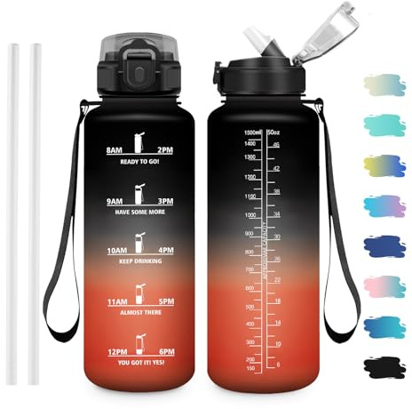 JAPORIA Trinkflasche 1.5L, Trinkflasche mit Zeitmarkierung, Wasserflasche mit Strohhalm, Sportflasche für Gym, Fahrrad, Büro, Outdoor, Erwachsene, Schule