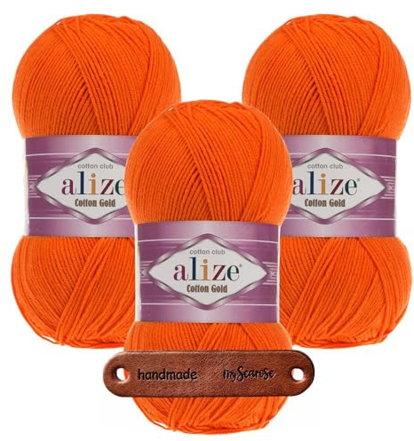 ALIZE Cotton Gold 37 Orange Premium Wolle 3 x 100g weich und angenehm für Tops Kleider und Accessoires für Frühling und Sommer, Amigurumi, Babydecke und Wohnaccessoires mit mySearose Label