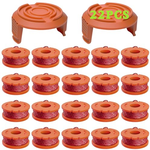 Gucass 22 Stück Set Ersatz Rasentrimmer Spule Funktioniert mit Worx Alle Rasentrimmer mit 20V, Ø 1,65mm, 3m Länge Fadenspule, EnthäLt 20 Päckchen Rasentrimmer Ersatzspule und 2 Päckchen Kappendeckel