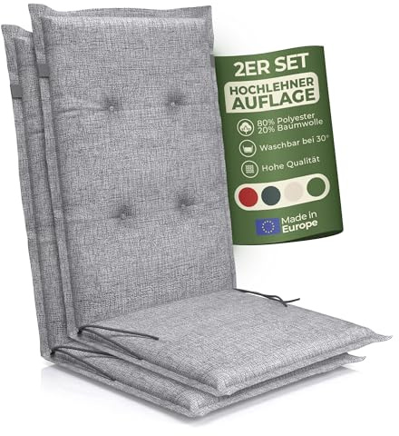 Petsation Florence Hochlehner Auflage – Gartenstuhlauflage Hochlehner mit Schaumstoff Polster, Outdoor Kissen & Stuhlkissen für Gartenstuhl, Sitzkissen Stuhl & Sitzkissen Bank, Outdoor (2, hellgrau)