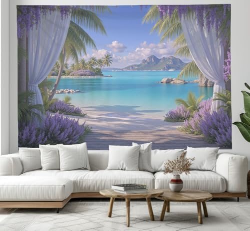 DACRWEKZ Wandteppich Tropischer Inselstil, Polyester Blau Tapisserie für Schlafzimmer, Blaues Meer, Palmen, Lavendel Wandtuch Wandbehänge, für Wohnzimmer Kinderzimmer Wohnheim Wand Dekor, 200 x 150cm