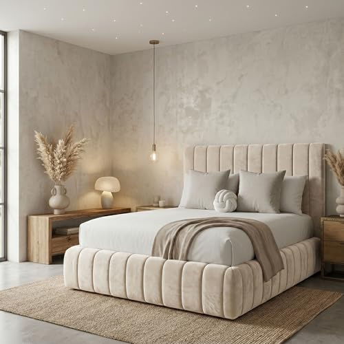 Acrivo Luxury Upholstered Panel Bed Frame with Headboard and Optional Ottoman Gaslift Storage - 4ft6 Standard Double Bed Only - Cream Non-Storage Slattted Base
