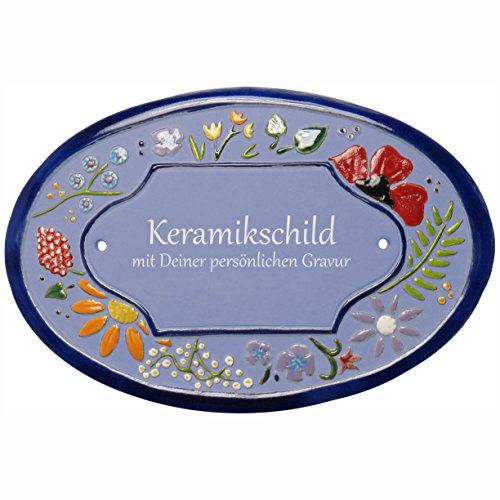 Handarbeit aus Schleswig-Holstein Keramikschild 21,0 x 14,5 cm Wildblütendekor (hellblau)