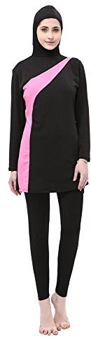 BOZEVON Women Full Length Muslim Swimwear Suit 2 Pieces Long Sleeve Swimsuit, Black+Pink, 4XL