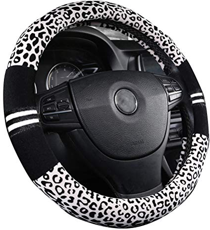Weiche Leopard-Auto-warme Lenkradabdeckung Handbremsgriff-Gangschaltung-Plüsch für Frauen im Winter Weiß