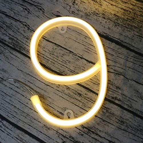 ENUOLI LED Neon Signs Light Number 9 Shaped Neon Wall Lights LED Marquee Letters Neon Art Decorative Lights Battery/USB Powered Warm White Neon Light for Bedroom Wedding Party Club Bar Christmas (9)