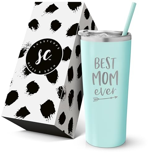 Best Mom Ever Gift - Stainless Steel Insulated Tumbler with Straw- Engraved Travel Coffee Mug - Mom Gifts, Mom Birthday Gifts from Daughter, Son - Mother's Day Gifts for Mom, New Mom, Mint, 22oz