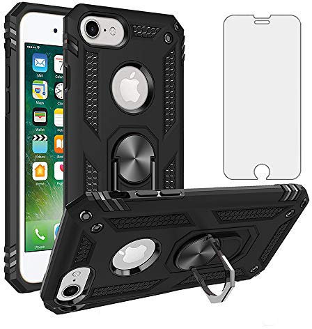 Phone Case for iPhone 6/6s/7/8 with Tempered Glass Screen Protector Stand Ring Holder Shockproof Silicone Heavy Duty Accessories i Phone6s Phone7s Phone7phone Six Seven 6a i6 i7 i8 7s 8s S Black