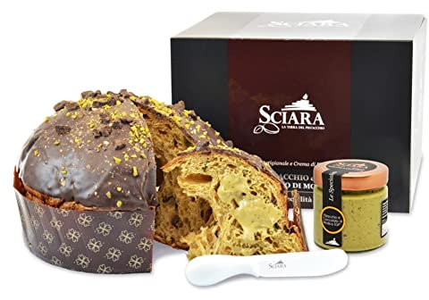 SCIARA - Panettone al Pistacchio e Cioccolato di Modica IGP 750 gr con Crema di Pistacchio vasetto 190 gr - Con granelli di Pistacchi e di Cioccolato di Modica IGP