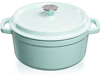 GRAND FEU Marmite en fonte hollandaise - Marmite en fonte émaillée avec couvercle et larges poignées pour cuisine et braisage - Capacité 4.7L, Bleu clair