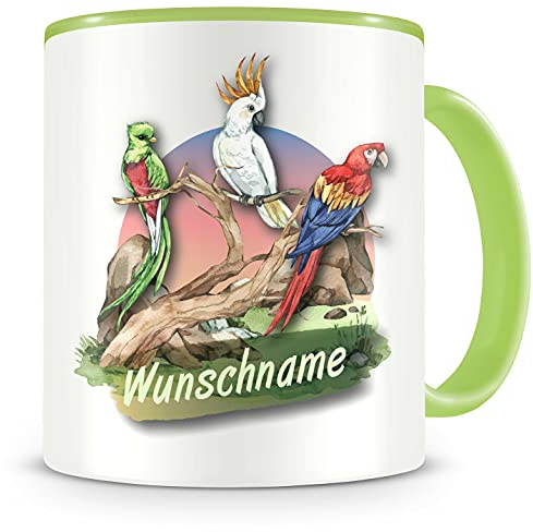 Samunshi® Kindertasse mit Namen Tasse Papagei und bunte Vögel Personalisierte Tasse mit Namen Kinder Kinderbecher mit Namen Kindergarten grün 300ml