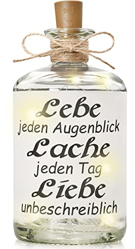 Druckerino LED Flaschenlicht mit Spruch - Lebe jeden Augenblick - Lache jeden Tag - Liebe unbeschreiblich - Dekolicht - Leuchtflasche