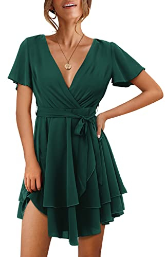 Beluring Kleid Kurzarm Damen Hohe Taille Freizeitkleid Rüschen Tunika Ausgestelltes Kleid Dunkelgrün S