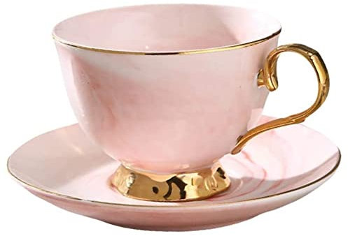 YDoLimmer Kaffeetasse mit Untertasse 210ml Mokkatasse Espressotasse Marmor Keramiktasse Porzellan Teetasse mit Goldrand für Küche Party Hochzeit Büro (Rosa)