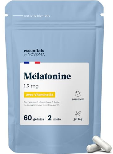 Mélatonine 1,9mg, Endormissement Rapide, Sommeil Naturel & Jet Lag, Cure de 2 mois, 60 Gélules Végétales, Complément Alimentaire pour Mieux Dormir, Fabriqué en France, Essentials by Novoma