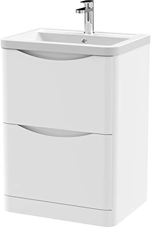 nuie LUN101A Lunar Modern Bathroom Floor Standing 2 Drawer Vanity Basin Unit with Ceramic Basin, 600mm, Satin White